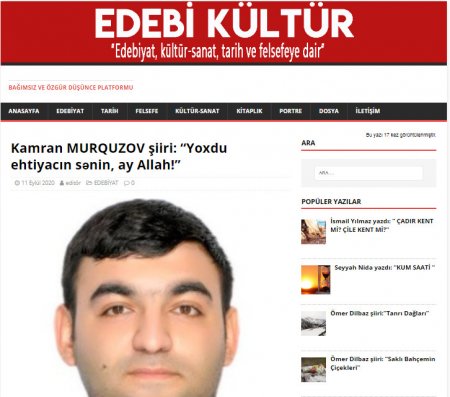Azərbaycanlı gənc yazar Kamran Murquzovun şeiri "Ədəbi Kültür" dərgisində işıq üzü görüb