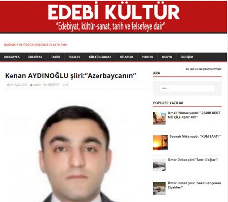 Azərbaycanlı gənc yazar Kənan Aydınoğlunun şeiri "Ədəbi Kültür" dərgisində işıq üzü görüb